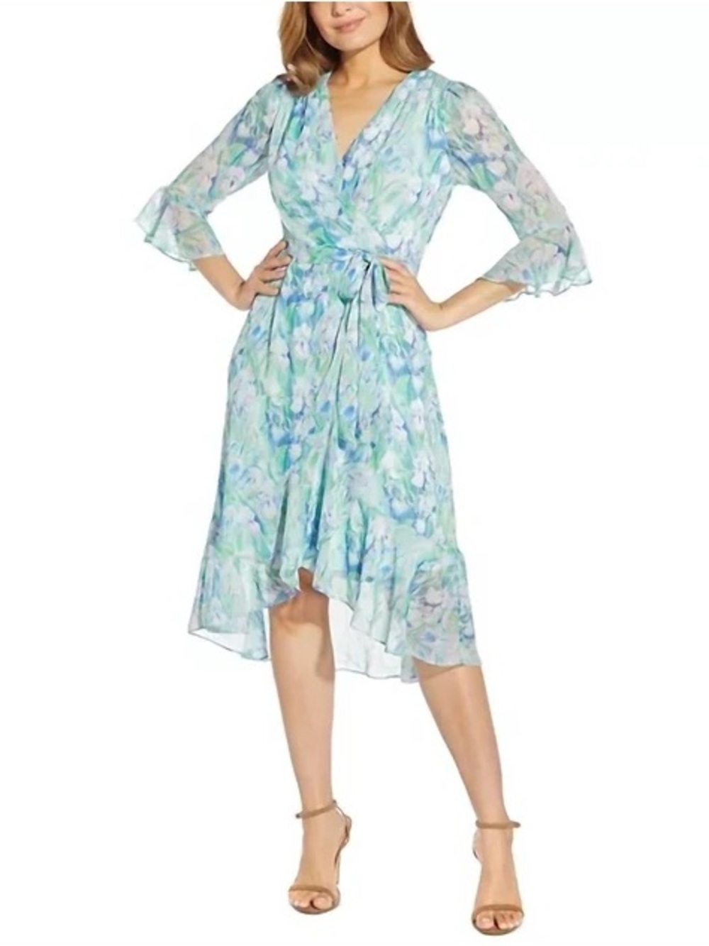 Adrianna Papell Blue Green Floral Ruffle Wrap Midi Dress Plus SZ 20 NWT MOB GALA